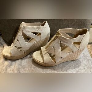 A New Day: Women’s beige/light tan/goldmetallic/espadrille/flecked wedge shoes.